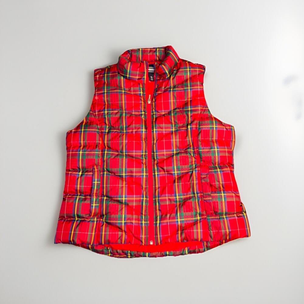 Lands End Vest Womens XL Red Puffer Quilted Down Insulated Zip Plaid